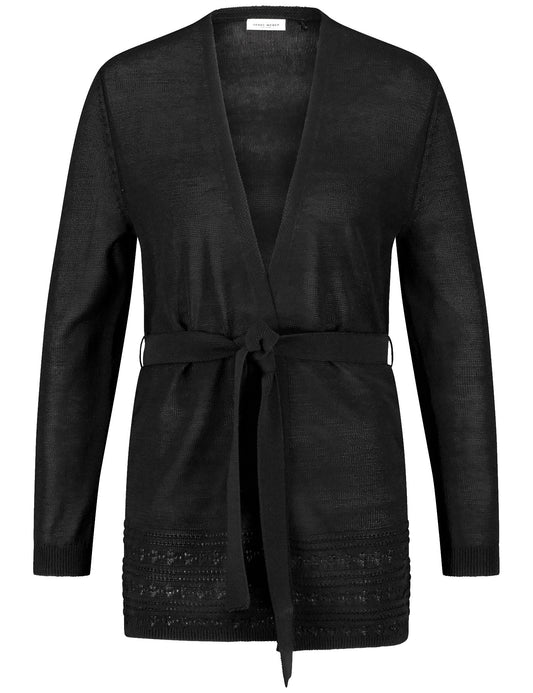 Offener Cardigan mit Häkel-Details und Bindegürtel